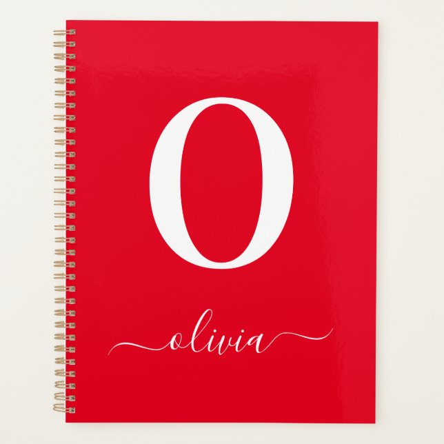 Monogram Script Name Personalised Red And White Planner (Front)