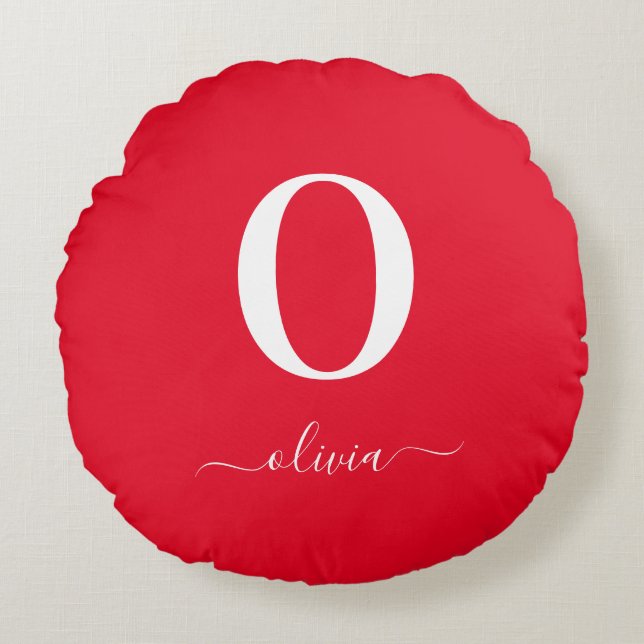 Monogram Script Name Personalised Red And White Round Cushion (Front)