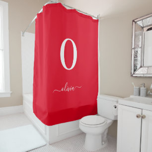 Monogram Script Name Personalised Red And White Shower Curtain