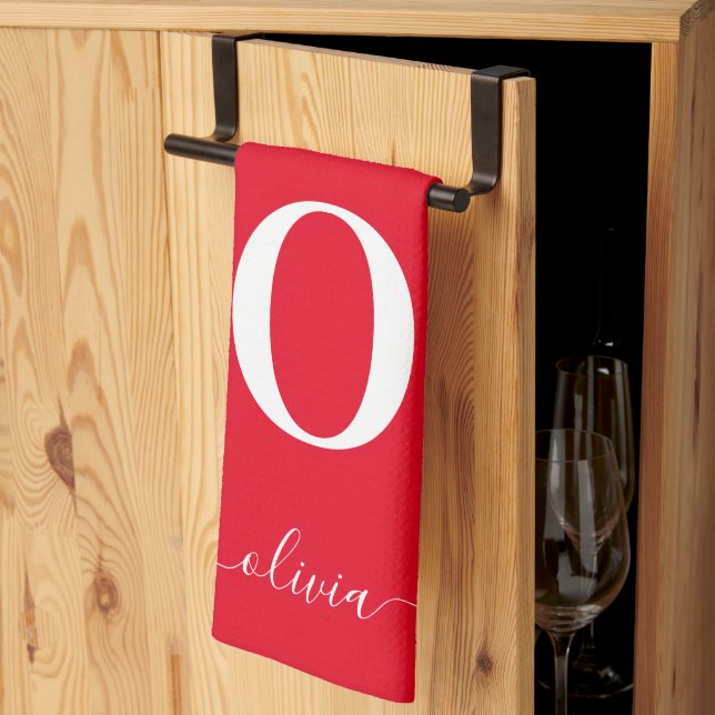 Monogram Script Name Personalised Red And White Tea Towel (Thirds Fold)