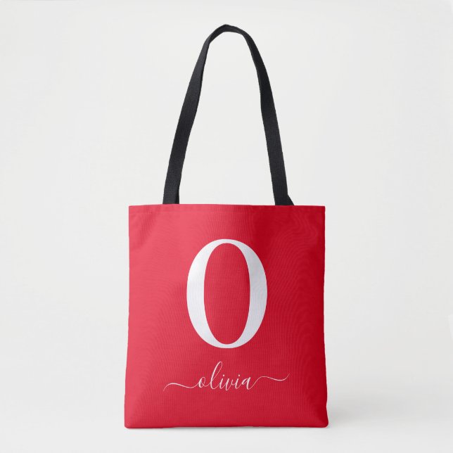 Monogram Script Name Personalised Red And White Tote Bag (Front)