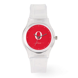 Monogram Script Name Personalised Red And White Watch