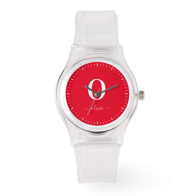 Monogram Script Name Personalised Red And White Watch (Front)