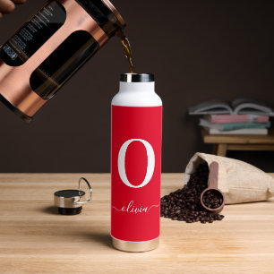 Monogram Script Name Personalised Red And White Water Bottle