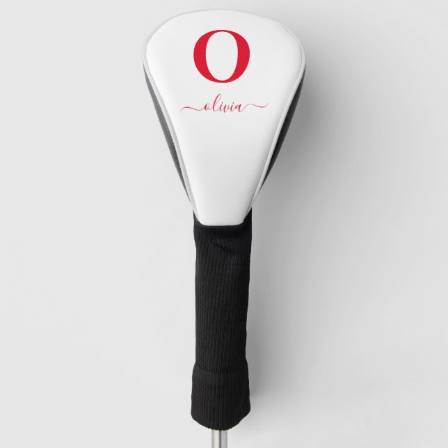 Monogram Script Name Personalised White And Red Golf Head Cover (Front)