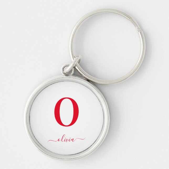 Monogram Script Name Personalised White And Red Key Ring (Front)