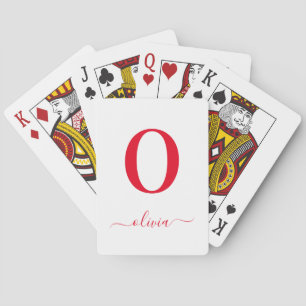 Monogram Script Name Personalised White And Red Playing Cards