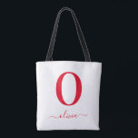 Monogram Script Name Personalised White And Red Tote Bag<br><div class="desc">This stylish monogram and elegant script name design can be given as a gift for a birthday,  wedding favour,  bridal shower or any occasion. It can be customised with the person's initial and name.</div>