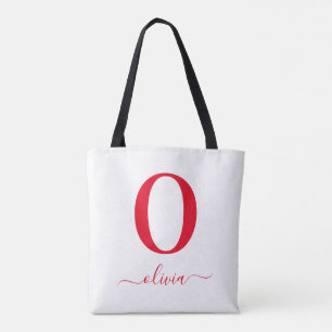 Monogram Script Name Personalised White And Red Tote Bag