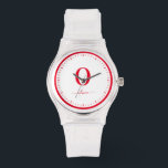 Monogram Script Name Personalised White And Red Watch<br><div class="desc">This stylish monogram and elegant script name design can be given as a gift for a birthday,  wedding favour,  bridal shower or any occasion. It can be customised with the person's initial and name.</div>