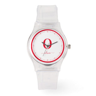 Monogram Script Name Personalised White And Red Watch