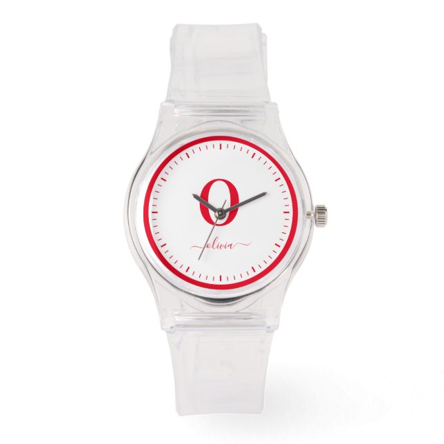 Monogram Script Name Personalised White And Red Watch (Front)