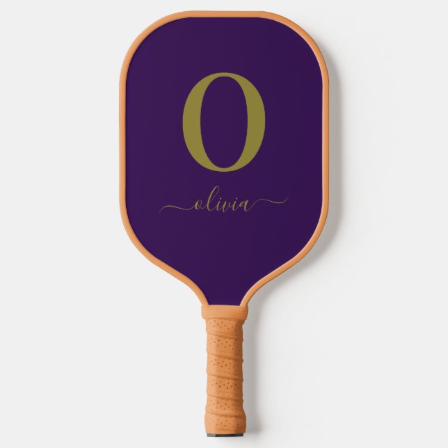 Monogram Script Name Personalized Purple And Gold Pickleball Paddle (Front)
