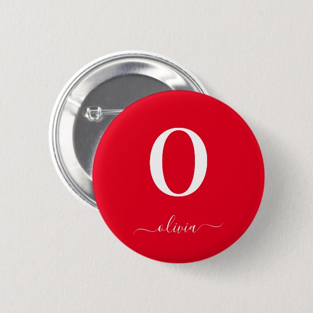 Monogram Script Name Personalized Red And White 6 Cm Round Badge (Front & Back)