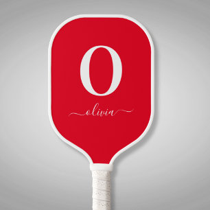 Monogram Script Name Personalized Red And White Pickleball Paddle