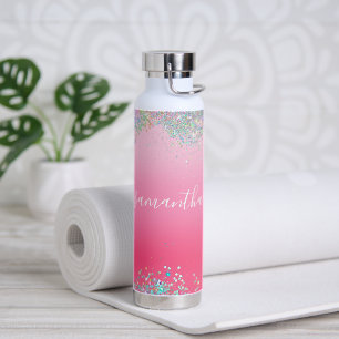 Monogram Script Name Pink Glitter Girly Glam Bling Water Bottle
