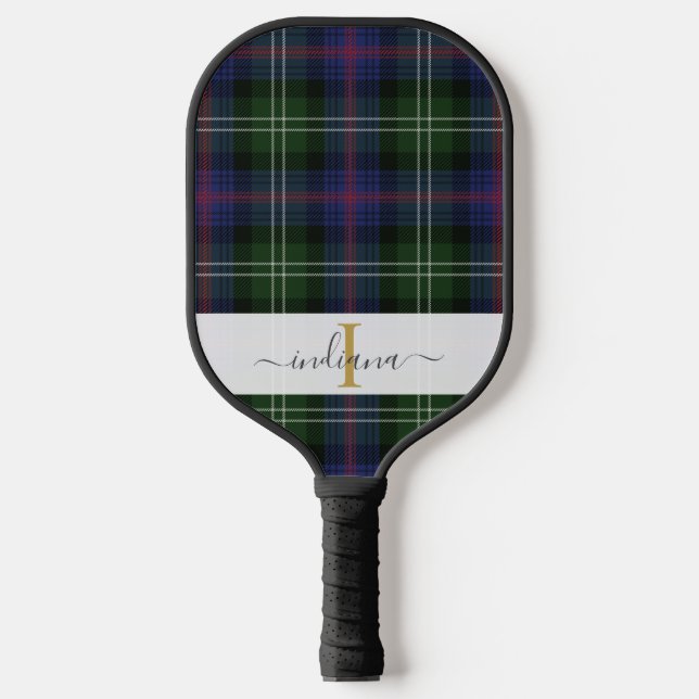 Monogram Script Name Plaid Green Purple Tartan Pickleball Paddle (Front)