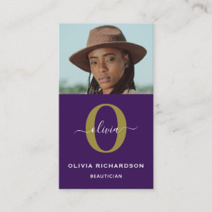 Monogram Script Name Purple White Gold Vertical Business Card