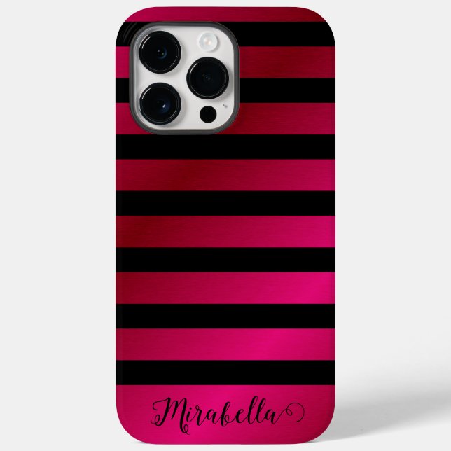 Monogram Script Name Stripes Pink and Black Case-Mate iPhone Case (Back)