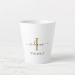 Monogram Script Name Stylish Gold Grey Minimalist Latte Mug<br><div class="desc">An elegant modern monogram design you can easily customise by adding your name in hand lettered script typography and initial in gold effect colour on a white background. Completely change the text colours and background by using our "Customise it" link under the "Personalise" link. Perfect as a housewarming, wedding, or...</div>