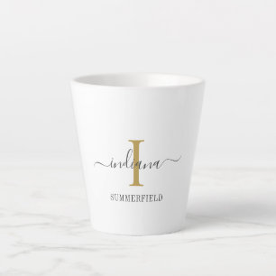 Monogram Script Name Stylish Gold Grey Minimalist Latte Mug