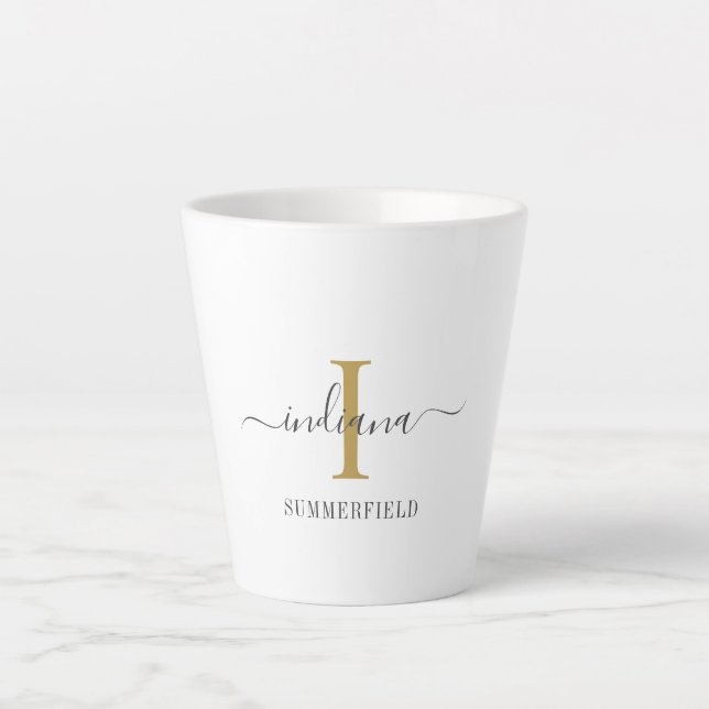 Monogram Script Name Stylish Gold Grey Minimalist Latte Mug (Front)
