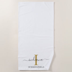 Monogram Script Name Stylish Minimalist Gold Grey Beach Towel