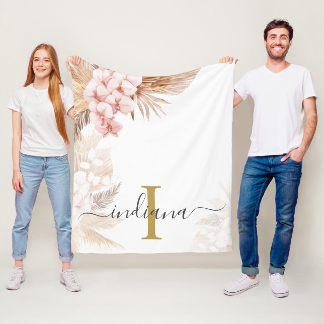 Monogram Script Pampas Grass Name Initial Palms Fleece Blanket (In Situ)