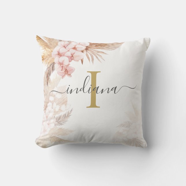 Monogram Script Pampas Grass Name Terracotta Cushion (Front)