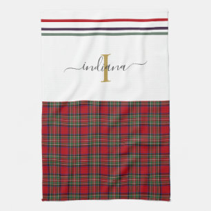 Monogram Script Plaid Tartan Clan Stewart Rustic Tea Towel