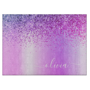 Monogram Script Purple Glitter Girly Name Cutting Board