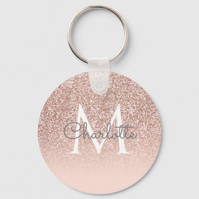 Monogram Script Rose Gold Glitter Blush Pink Key Ring (Front)