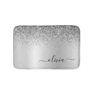 Monogram Script Silver Black Glitter Girly Name Bath Mat
