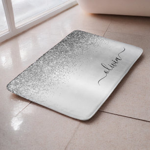 Monogram Script Silver Black Glitter Girly Name Bath Mat