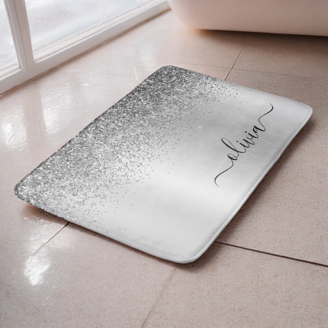 Monogram Script Silver Black Glitter Girly Name Bath Mat (Creator Uploaded)