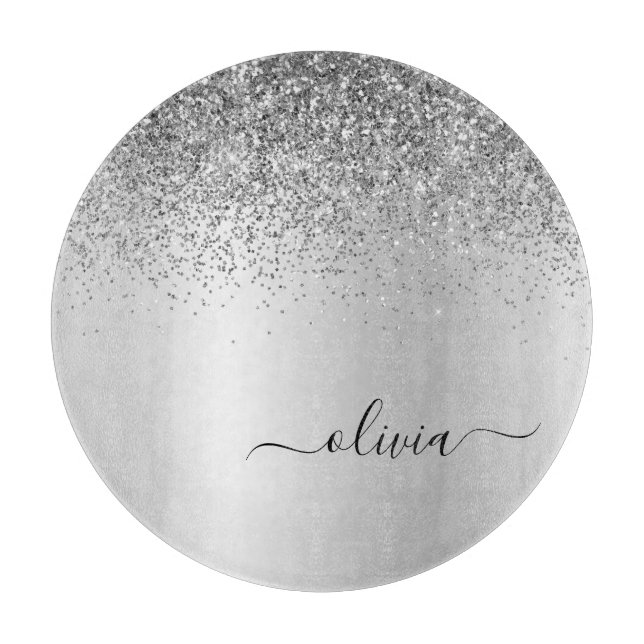 Monogram Script Silver Black Glitter Girly Name Cutting Board (Front)