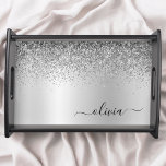 Monogram Script Silver Glitter Girly Name Serving Tray<br><div class="desc">Silver Faux Foil Metallic Sparkle Glitter Brushed Metal Monogram Name Place Serving Tray. This makes the perfect graduation,  birthday,  wedding,  bridal shower,  anniversary,  baby shower or bachelorette party gift for someone that loves glam luxury and chic styles.</div>