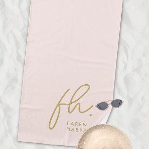 Monogram Script Simple Chic Blush Gold Monogrammed Beach Towel
