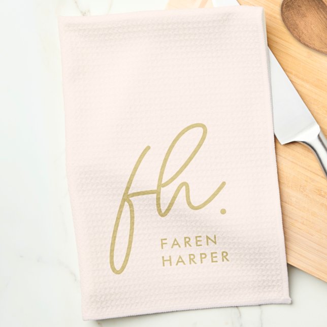Monogram Script Simple Minimal Elegant Blush Gold Tea Towel (Creator Uploaded)