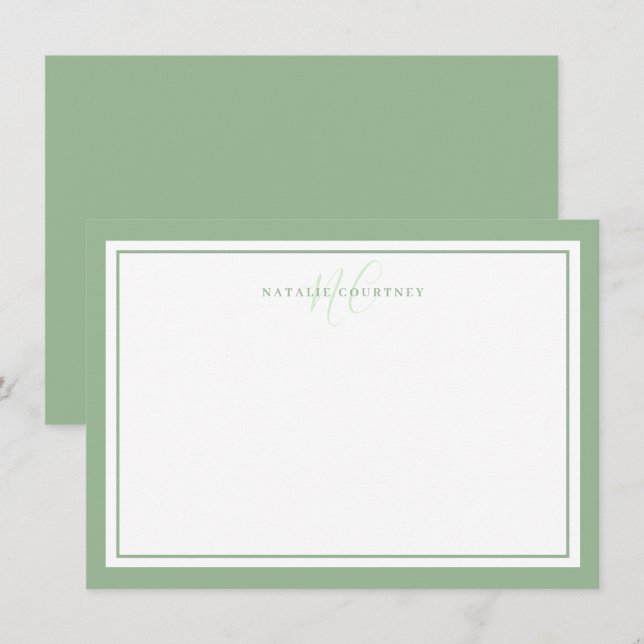 Monogram Script Two Border Minimalist Sage Green Card (Front/Back)