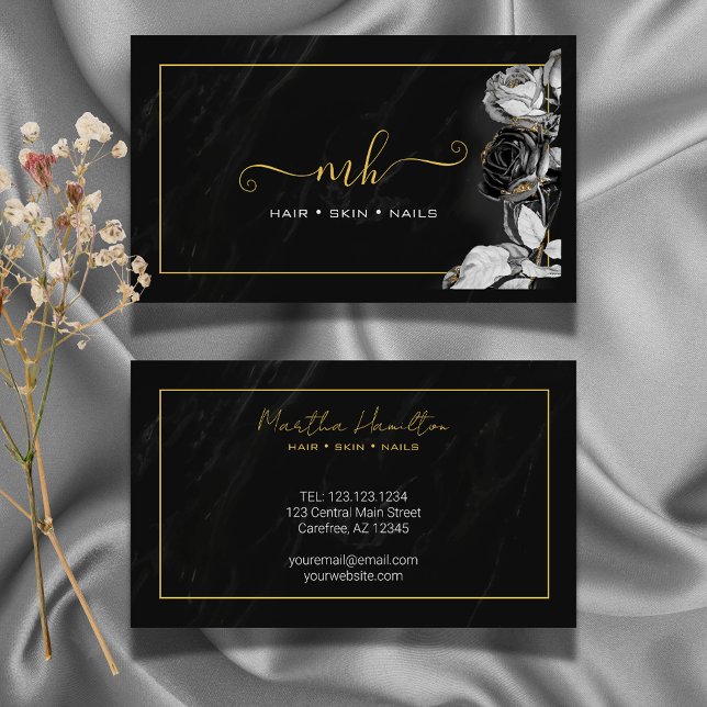 Monogram Script Typography Floral Black & Gold Calling Card (Creator Uploaded)