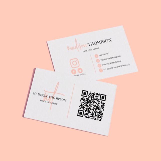 Monogram Script Typography Pale Orange QR Code Business Card (Creator Uploaded)