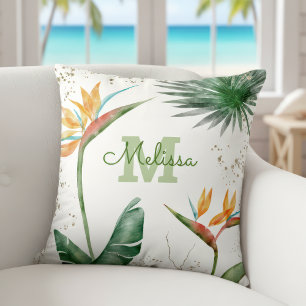 Monogram Script White Gold Tropical Island Floral Cushion