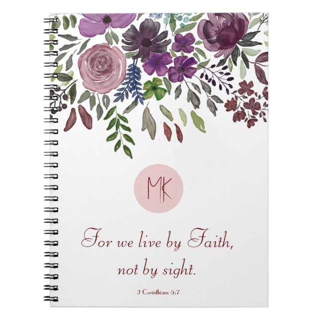 Monogram Scripture Burgundy Watercolor Floral  Notebook (Front)
