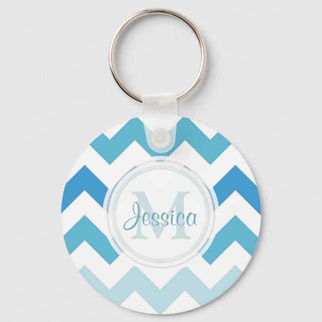 Monogram Sea Blue Chevron Keychain (Front)
