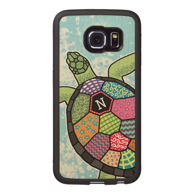 Monogram Sea Turtle Colourful Patchwork Pattern Carved Wood Samsung Galaxy S6 Edge Case (Back)
