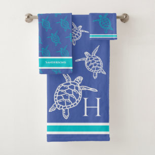 Monogram Sea Turtles Teal Blue Nautical Coastal B Bath Towel Set