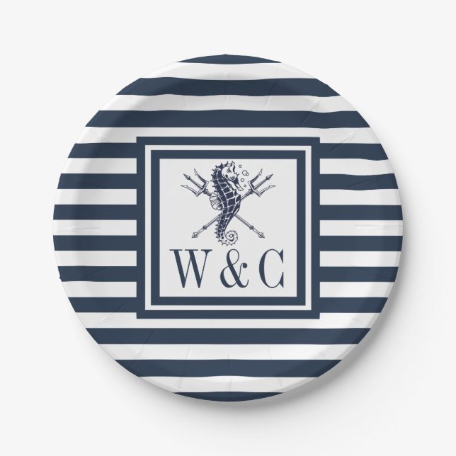 Monogram Seahorse Nautical Navy Blue Stripe  Paper Plate (Front)
