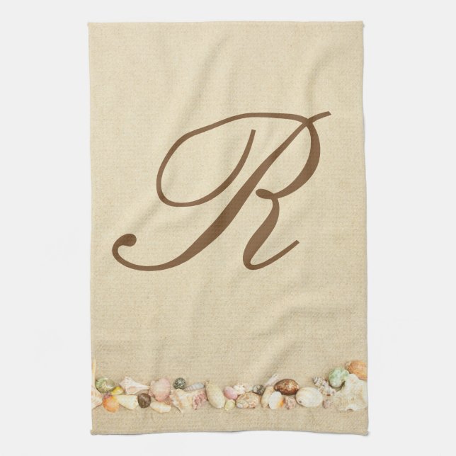 Monogram Seashells on Beach Sand Personalised Tea Towel (Vertical)