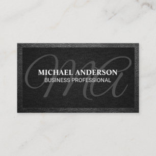 Monogram Serif Black Texture Leather Business Card
